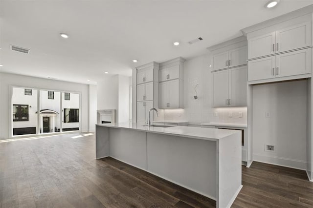 kitchen featuring sink, dark hardwood / wood-style floors, tasteful backsplash, and a center island with sink