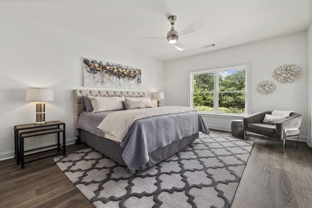 bedroom featuring hardwood / wood-style flooring and ceiling fan