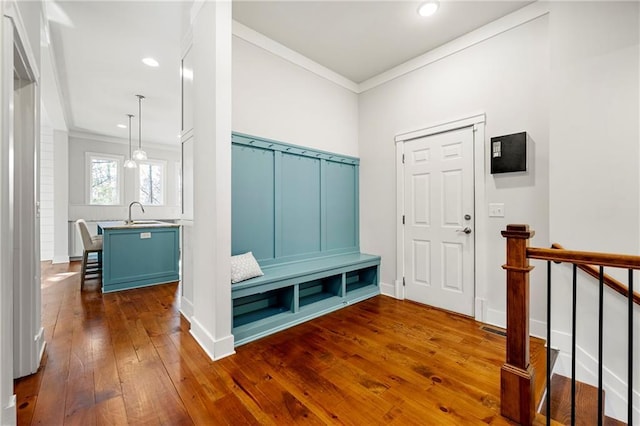 mudroom featuring sink, crown molding, and dark hardwood / wood-style floors