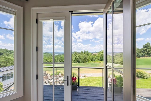 view of yard with fence and french doors