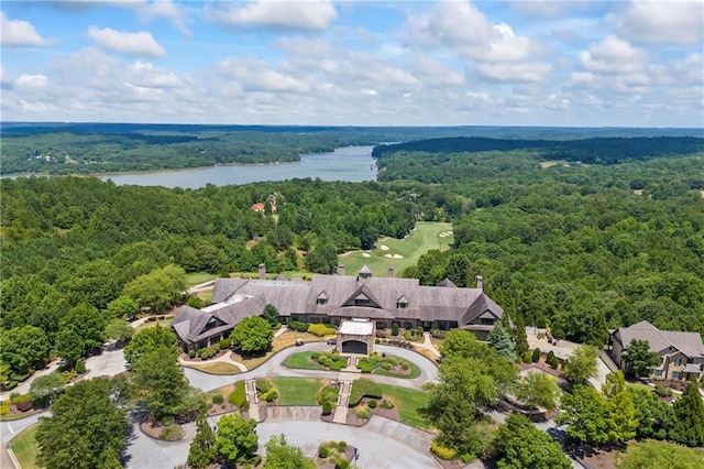 bird's eye view featuring a water view and a wooded view