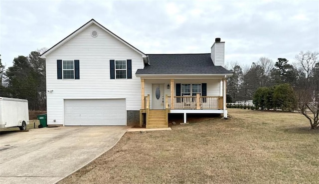 tri-level home with concrete driveway, roof with shingles, a chimney, an attached garage, and covered porch