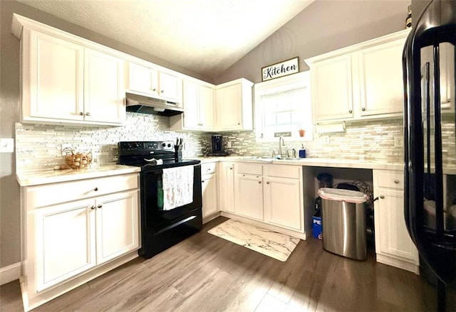 kitchen featuring black appliances, under cabinet range hood, light countertops, a sink, and lofted ceiling