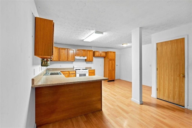 900 Fleetwood Cir, Atlanta, GA 30311 - kitchen featuring white gas range oven, a sink, light wood finished floors, brown cabinetry, and a textured ceiling