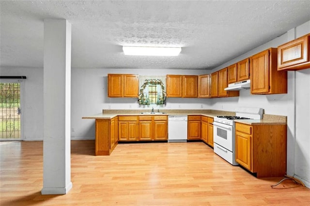 900 Fleetwood Cir, Atlanta, GA 30311 - kitchen with white appliances, under cabinet range hood, a sink, brown cabinetry, and light wood-type flooring