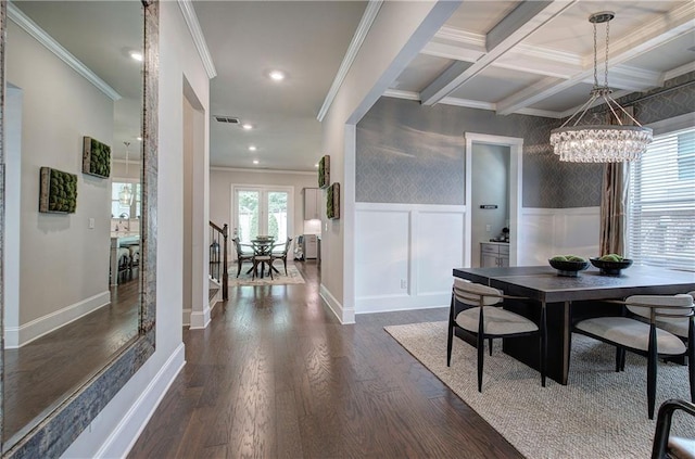 2657 Cedar Pine Way, Atlanta, GA 30360 - dining room featuring crown molding, a chandelier, dark wood finished floors, recessed lighting, and beam ceiling