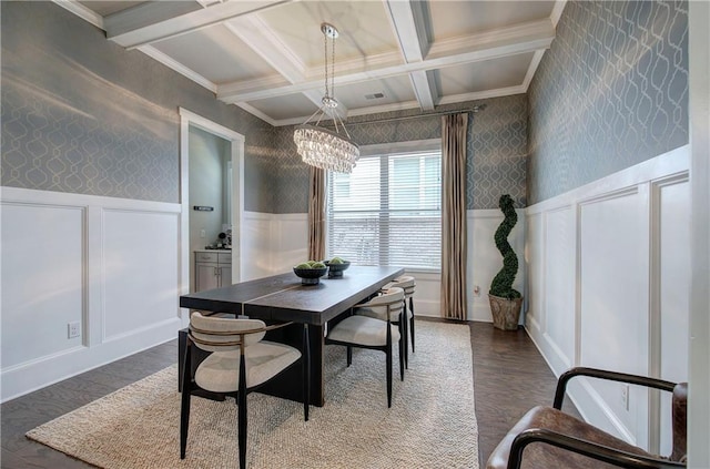2657 Cedar Pine Way, Atlanta, GA 30360 - dining room featuring a decorative wall, coffered ceiling, beamed ceiling, wainscoting, and a chandelier