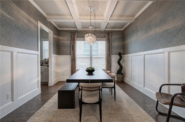2657 Cedar Pine Way, Atlanta, GA 30360 - dining area with a decorative wall, wallpapered walls, coffered ceiling, a chandelier, and beam ceiling