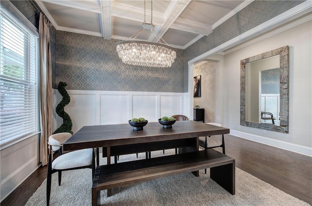 2657 Cedar Pine Way, Atlanta, GA 30360 - dining area with coffered ceiling, healthy amount of natural light, ornamental molding, dark wood finished floors, and a decorative wall