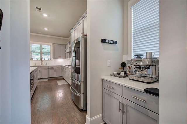 2657 Cedar Pine Way, Atlanta, GA 30360 - kitchen featuring smart refrigerator, dark wood-style flooring, ornamental molding, light countertops, and recessed lighting