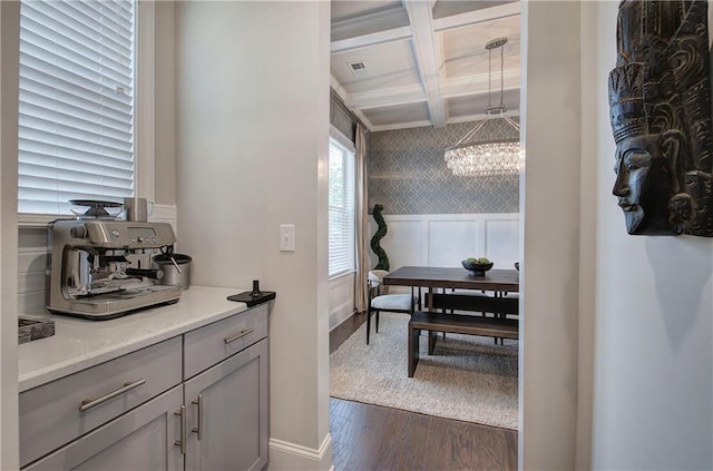 2657 Cedar Pine Way, Atlanta, GA 30360 - dining area featuring a chandelier, dark wood-style floors, coffered ceiling, beam ceiling, and baseboards