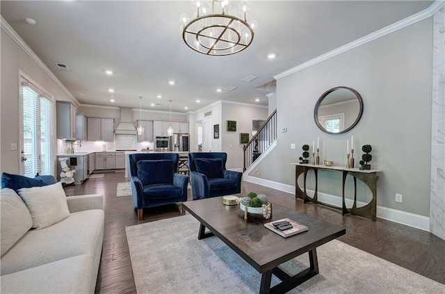 2657 Cedar Pine Way, Atlanta, GA 30360 - living area featuring dark wood-type flooring, ornamental molding, stairway, baseboards, and a chandelier