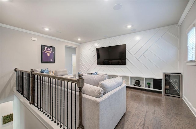 2657 Cedar Pine Way, Atlanta, GA 30360 - living room with dark wood finished floors, crown molding, beverage cooler, recessed lighting, and baseboards