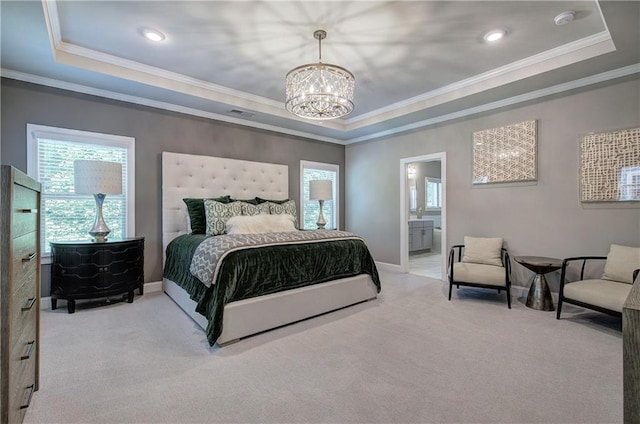 2657 Cedar Pine Way, Atlanta, GA 30360 - bedroom featuring a tray ceiling, carpet flooring, ornamental molding, a chandelier, and recessed lighting