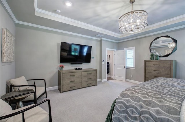 2657 Cedar Pine Way, Atlanta, GA 30360 - bedroom featuring a tray ceiling, a chandelier, light colored carpet, crown molding, and baseboards
