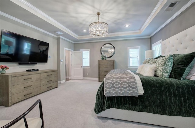 2657 Cedar Pine Way, Atlanta, GA 30360 - bedroom with a tray ceiling, light carpet, a chandelier, baseboards, and crown molding