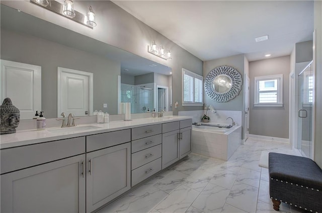 2657 Cedar Pine Way, Atlanta, GA 30360 - bathroom featuring a shower stall, marble finish floors, a garden tub, double vanity, and baseboards
