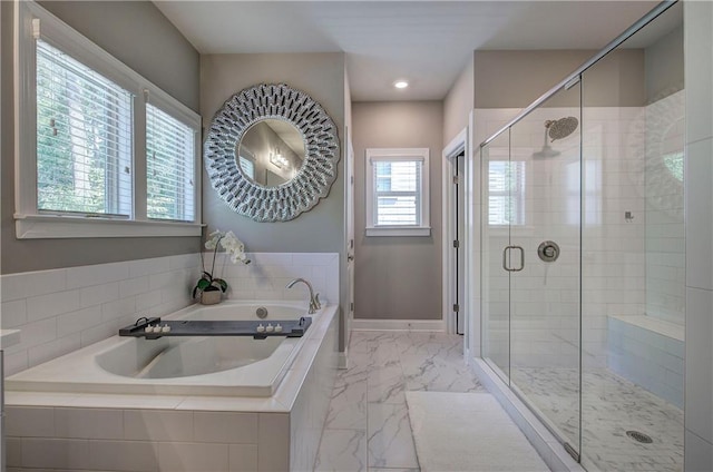 2657 Cedar Pine Way, Atlanta, GA 30360 - full bath with marble finish floors, a bath, a stall shower, baseboards, and recessed lighting