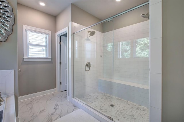 2657 Cedar Pine Way, Atlanta, GA 30360 - full bathroom with a shower stall, recessed lighting, marble look tiles, and baseboards