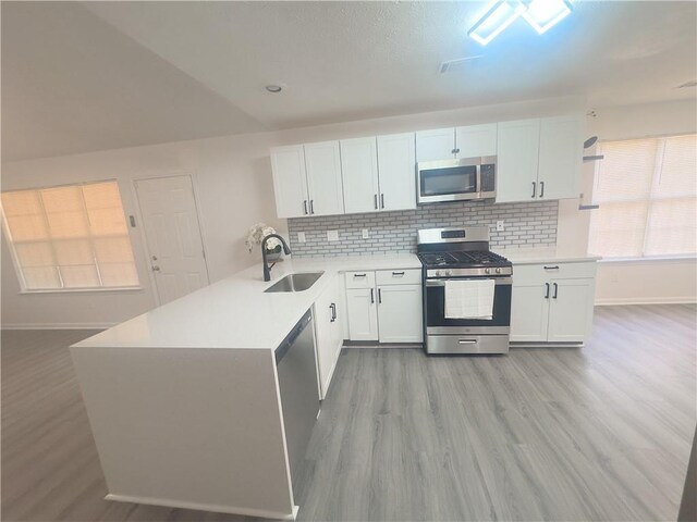 kitchen with stainless steel appliances, white cabinetry, and dark hardwood / wood-style flooring