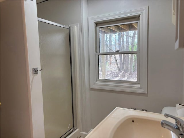 full bathroom with toilet, a stall shower, a sink, and a wealth of natural light