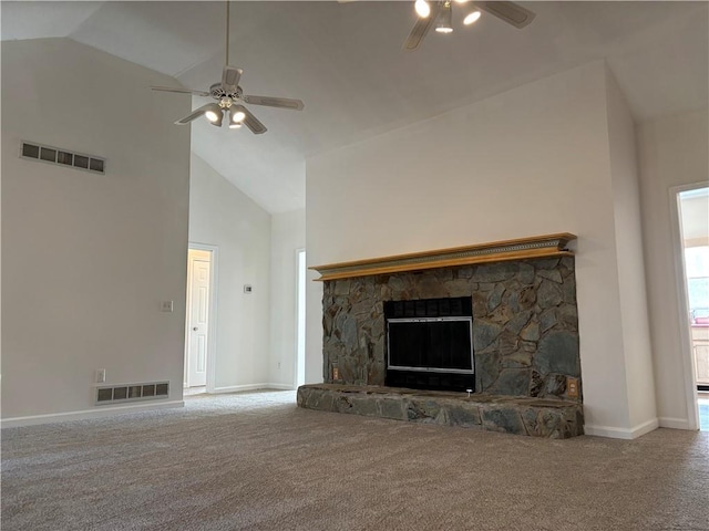 unfurnished living room featuring a ceiling fan, carpet, and visible vents