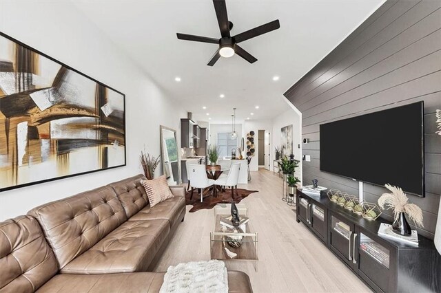 701 Pryor St SW Unit 5, Atlanta, GA 30315 - living area featuring a ceiling fan, light wood finished floors, wooden walls, and recessed lighting
