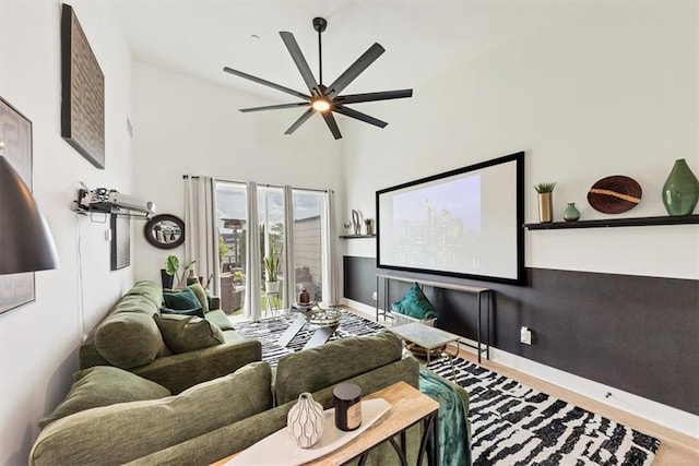 701 Pryor St SW Unit 5, Atlanta, GA 30315 - cinema with a ceiling fan, baseboards, wood finished floors, and a high ceiling