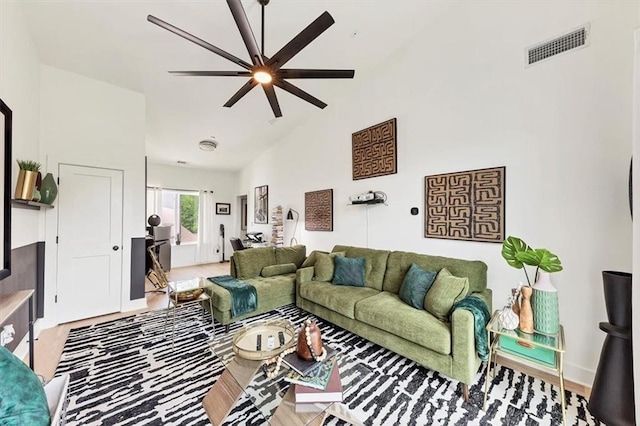 701 Pryor St SW Unit 5, Atlanta, GA 30315 - living area with ceiling fan, high vaulted ceiling, and wood finished floors