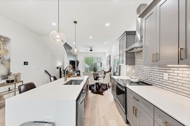 701 Pryor St SW Unit 5, Atlanta, GA 30315 - kitchen with stainless steel appliances, a sink, gray cabinets, decorative backsplash, and ceiling fan