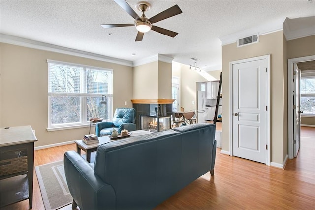 living room featuring a textured ceiling, light wood-type flooring, and a fireplace