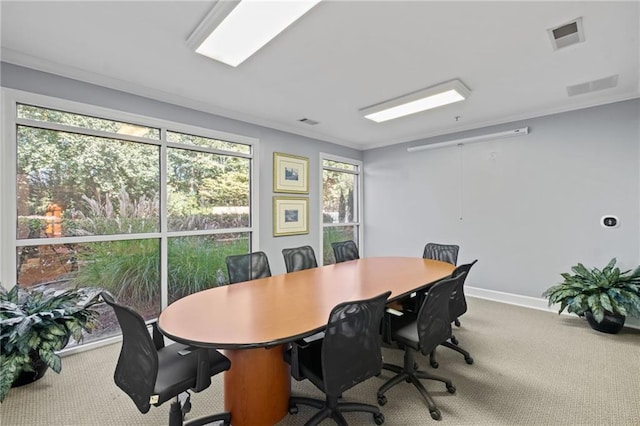 office with carpet flooring and ornamental molding