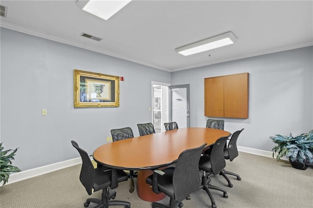 office area with carpet floors and crown molding