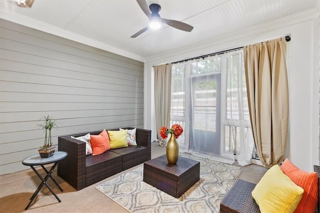 living room with ornamental molding