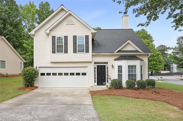 2983 Albright Commons NW, Kennesaw, GA 30144 - traditional home with concrete driveway, a front lawn, a garage, a chimney, and a shingled roof
