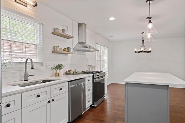 2983 Albright Commons NW, Kennesaw, GA 30144 - kitchen with wall chimney exhaust hood, stainless steel appliances, backsplash, open shelves, and light countertops