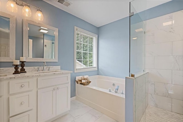 2983 Albright Commons NW, Kennesaw, GA 30144 - bathroom with marble finish flooring, a garden tub, a tile shower, and vanity
