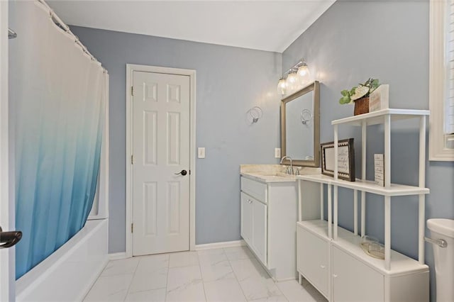 2983 Albright Commons NW, Kennesaw, GA 30144 - bathroom with marble finish flooring, vanity, and shower / tub combo with curtain