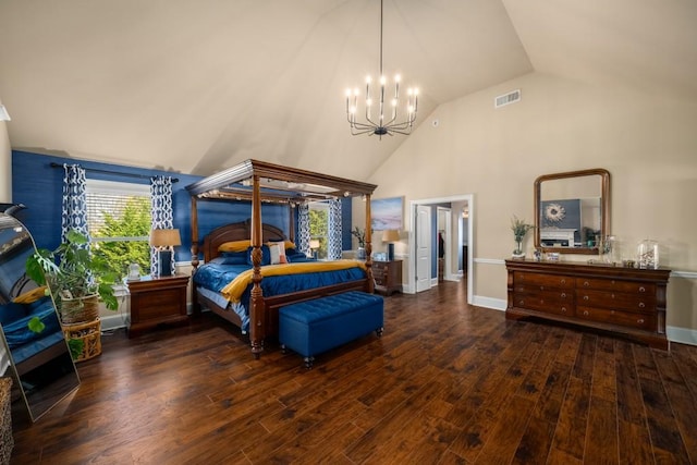 bedroom featuring baseboards, visible vents, wood finished floors, an inviting chandelier, and high vaulted ceiling