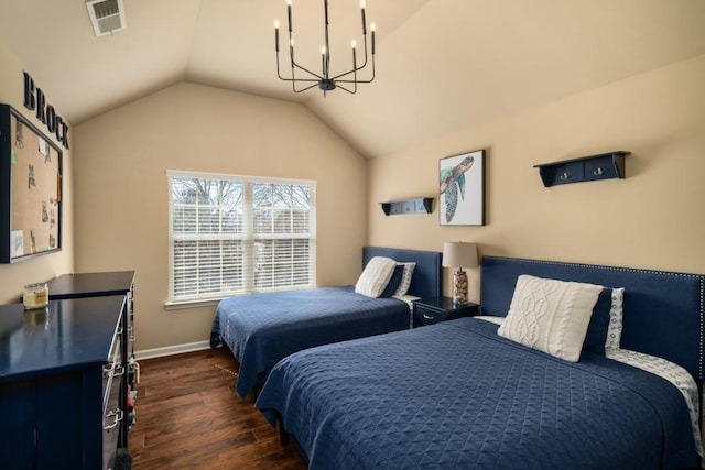 bedroom featuring baseboards, visible vents, dark wood-style flooring, an inviting chandelier, and vaulted ceiling