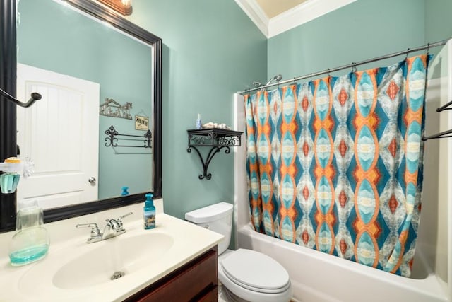 bathroom featuring toilet, shower / bath combination with curtain, crown molding, and vanity