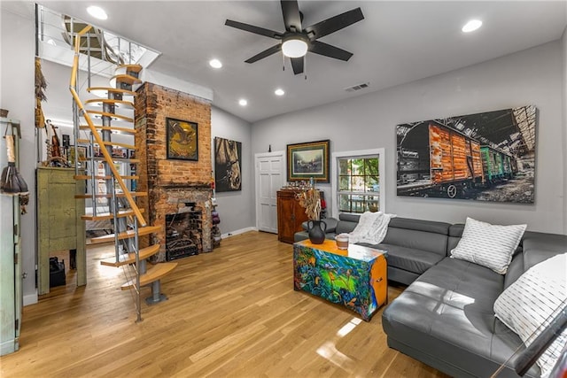 611 Pickett St SE, Atlanta, GA 30316 - living area featuring ceiling fan, wood finished floors, stairs, recessed lighting, and baseboards