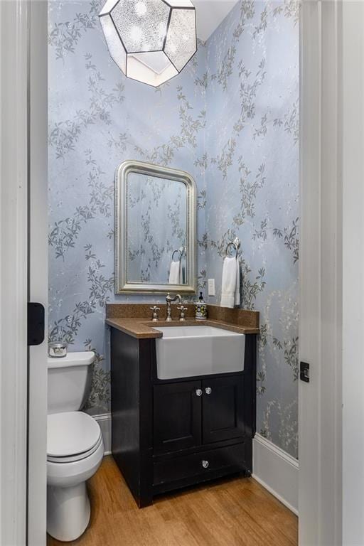 bathroom with hardwood / wood-style floors, vanity, and toilet