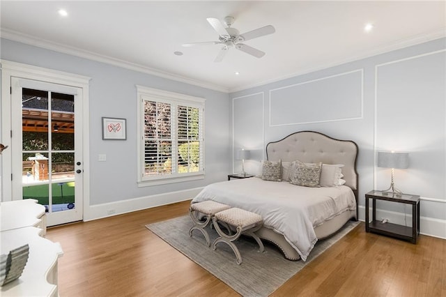 bedroom featuring wood-type flooring, access to outside, ceiling fan, and ornamental molding