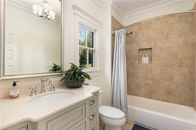 full bathroom featuring shower / bath combo, ornamental molding, vanity, a chandelier, and toilet