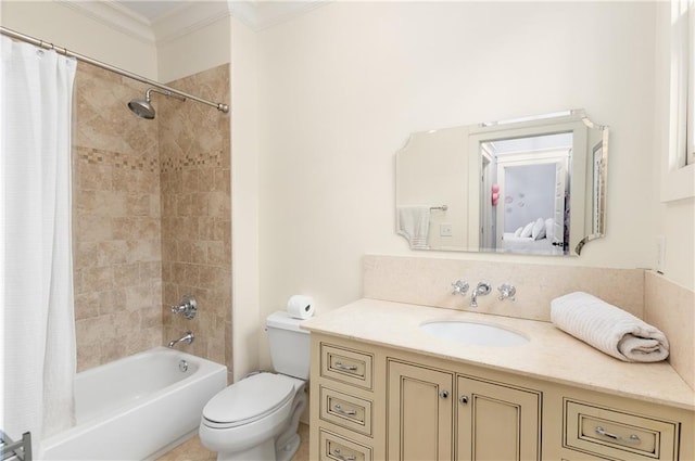 full bathroom featuring vanity, toilet, shower / bathtub combination with curtain, and crown molding