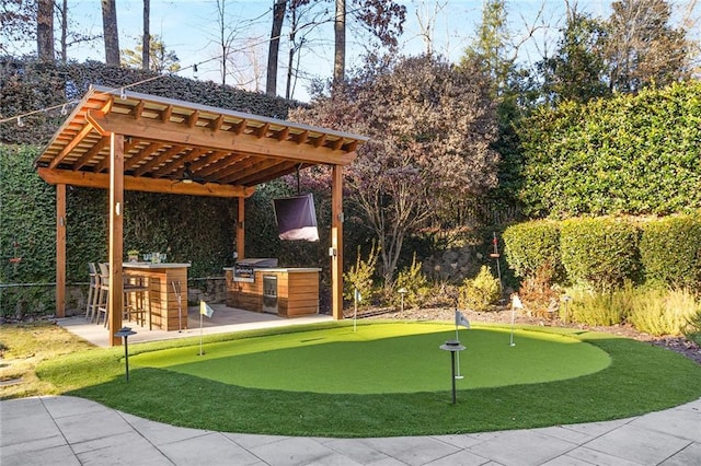 view of home's community with exterior bar and a pergola