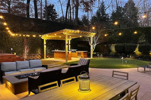 view of patio with a pergola, area for grilling, and an outdoor living space with a fire pit