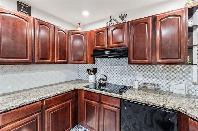 kitchen featuring light stone countertops, black electric stovetop, dishwasher, and under cabinet range hood
