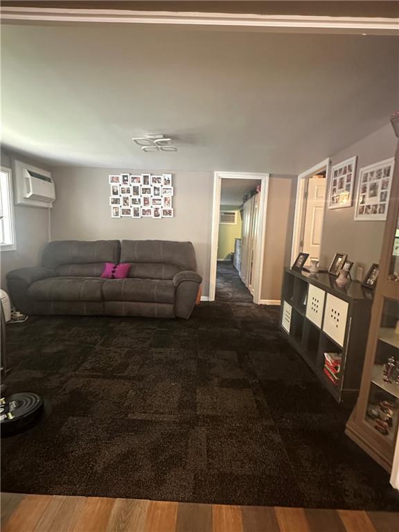 living room featuring a wall mounted AC and wood finished floors